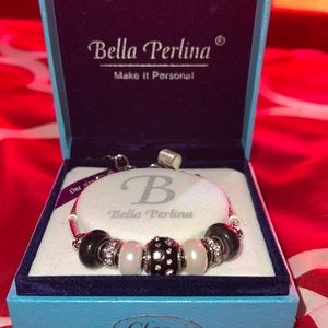 Bella Perlina Slide Charm Bracelet Silver Tone Faux Pearl Black Polka Dot Beads